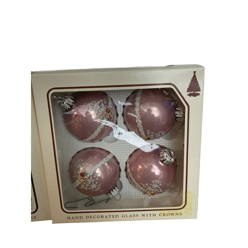 Glass Ball Christmas By Krebs Ornaments Ribbon & Glitter‎ Pink rose Vintage Q